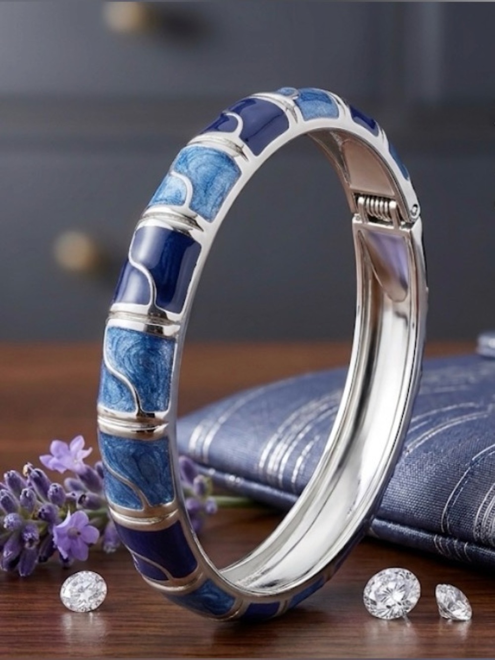 Art Deco Enamel Bangle Bracelet - Navy & Blue Silver Tone Hinged - Like New